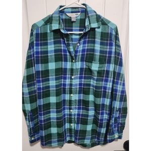 Womens Old Navy plaid boyfriend button down shirt medium green blue teal